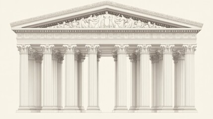 Obraz premium Classical temple facade, columns, sculptures, architectural detail, background neutral, design element