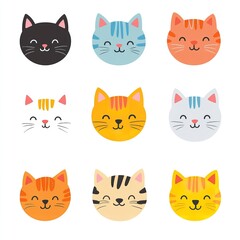 Adorable Cute Cartoon Cats Happy Faces Set Illustration Digital Design Kawaii Style Pet Animals Colorful Smiling Kittens Graphic Design Element Image 