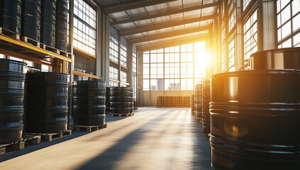 Fototapeta premium Industrial Warehouse: Sunlight Illuminates Rows of Barrels, showcasing efficient storage and logistics, in a large factory building.