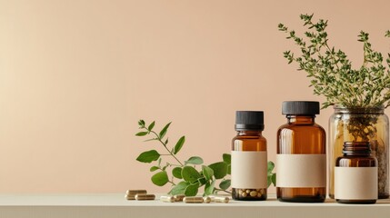 Herbal medicine bottles, capsules, herbs, pastel background; health website