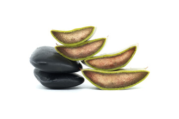 Close-Up of Fresh Aloe Vera Slices with Black Smooth Stones