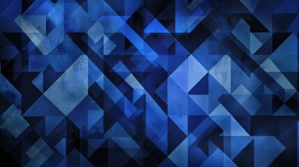 Abstract Blue triangles and squares on a dark background. Geometric pattern for banner template with white space in the center for text. Simple modern wallpaper with copy space.