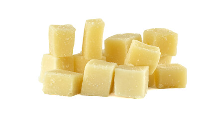 Parmesan cheese cubes forming a pile on white background