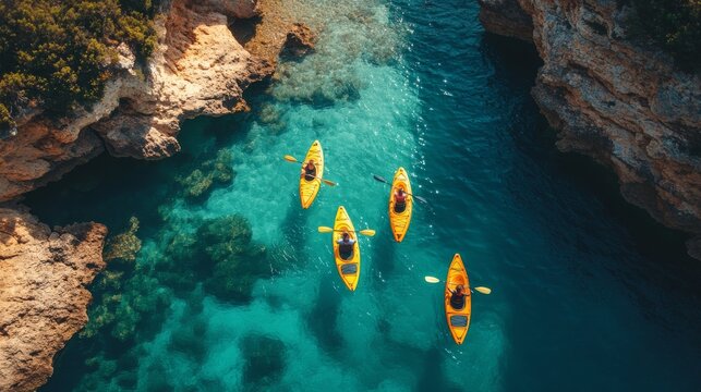 Aerial view of kayakers in clear blue water among rocky cliffs