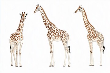 Fototapeta premium Set of three full body illustration of a tall giraffes standing on a white background.