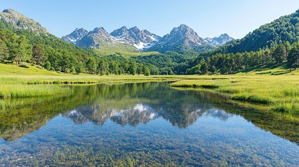 Mountain lake reflection, serene valley, sunny day, natural beauty, perfect for backgrounds, calming visuals, peaceful landscapes, postcard scene