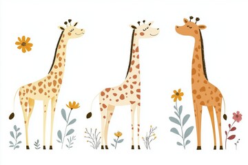 Fototapeta premium Set of three full body illustration of a tall giraffes standing on a white background.