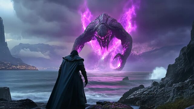 Encounter between a sorcerer and a mystical sea monster at dusk near a rugged coastline