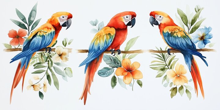 set of three tropical Birds Watercolor Painting Scarlet Macaw Blue and gold Macaw Exotic Flowers Lush Foliage