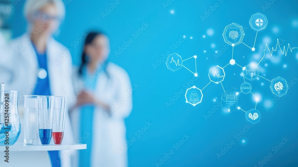Poster Scientist and woman in lab coats holding test tubes and examining data on a tablet in laboratory setting