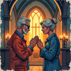 Fototapeta premium Wedding ceremony between an elderly couple in a beautifully lit church at sunset, showcasing love and unity
