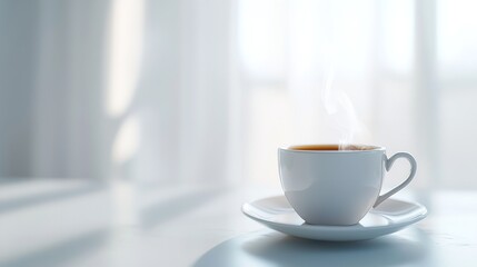 Steaming cup of coffee on marble surface.