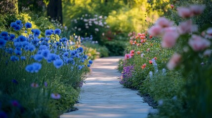 Stone path through vibrant summer garden