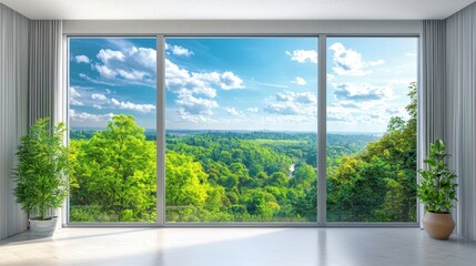 Naklejka premium A stunning forest view seen through a sleek glass apartment window. The serene sky and minimalist interior create an inviting space for text placement.