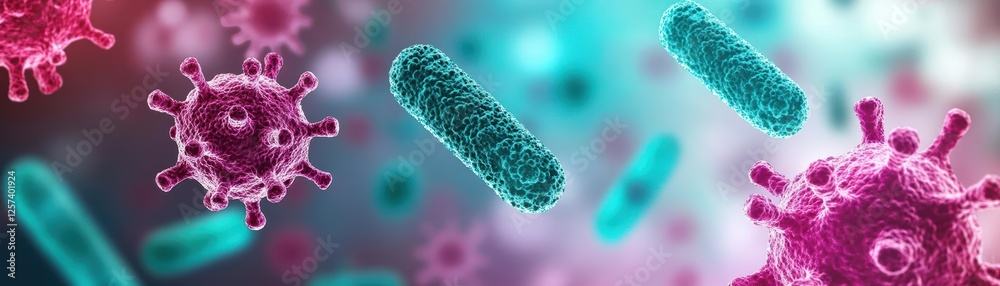 Poster Close-up image of a diverse group of bacteria under a microscope on a scientific slide
