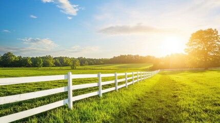 Fototapeta premium A sun-kissed green field reaches a white fence under an uninterrupted blue sky, evoking calm and balance.