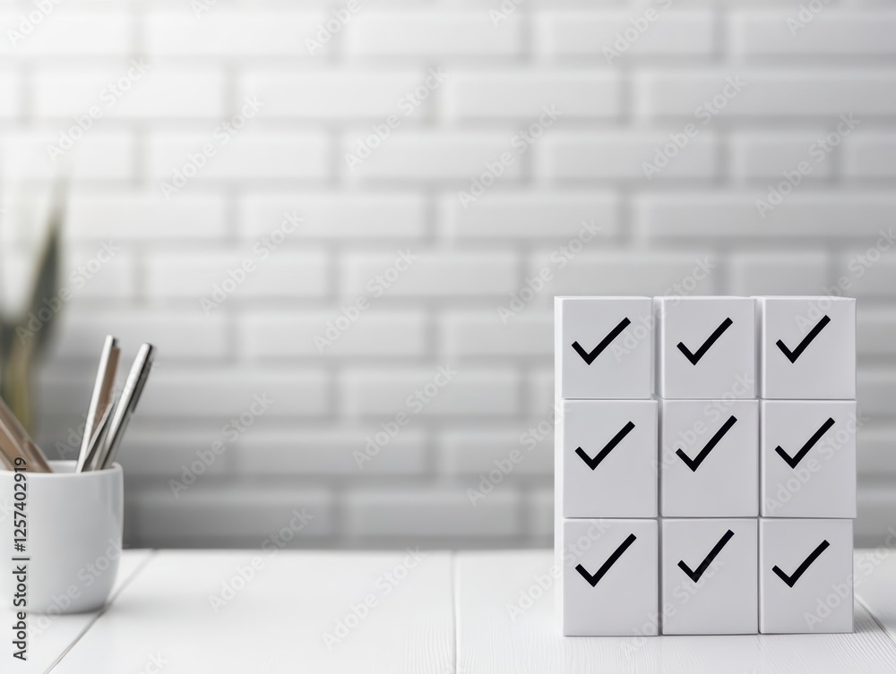 Poster white desk featuring a white cup and a black check mark on a clean surface with minimalistic design