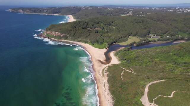 Aerial View Over Glenrock Beach And Glenrock Lagoon In Merewether, NSW, Australia - Drone Shot