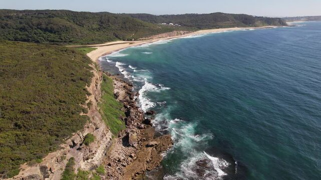 Little Redhead Cliff Top Walk And Seascape In Merewether, NSW, Australia - Aerial Shot