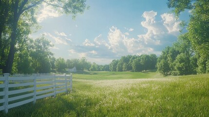 A sunlit expanse of lush green grass meeting a white fence under a vast, clear blue sky. A perfect scene of serenity.