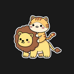 Funny sticker of a cat riding on a lion's back, cartoon animal friendship