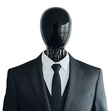 a robot with a face in black wearing a suit with plain white background