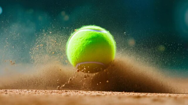 Tennis ball bouncing on clay court creating dust cloud
