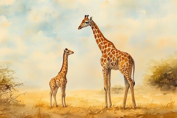 Obraz premium Watercolor Painting of Mother and Baby Giraffe Standing Together