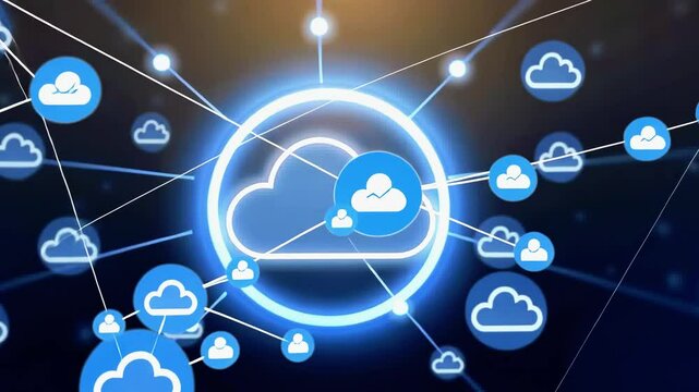 Abstract digital illustration of interconnected cloud symbols representing cloud computing technology