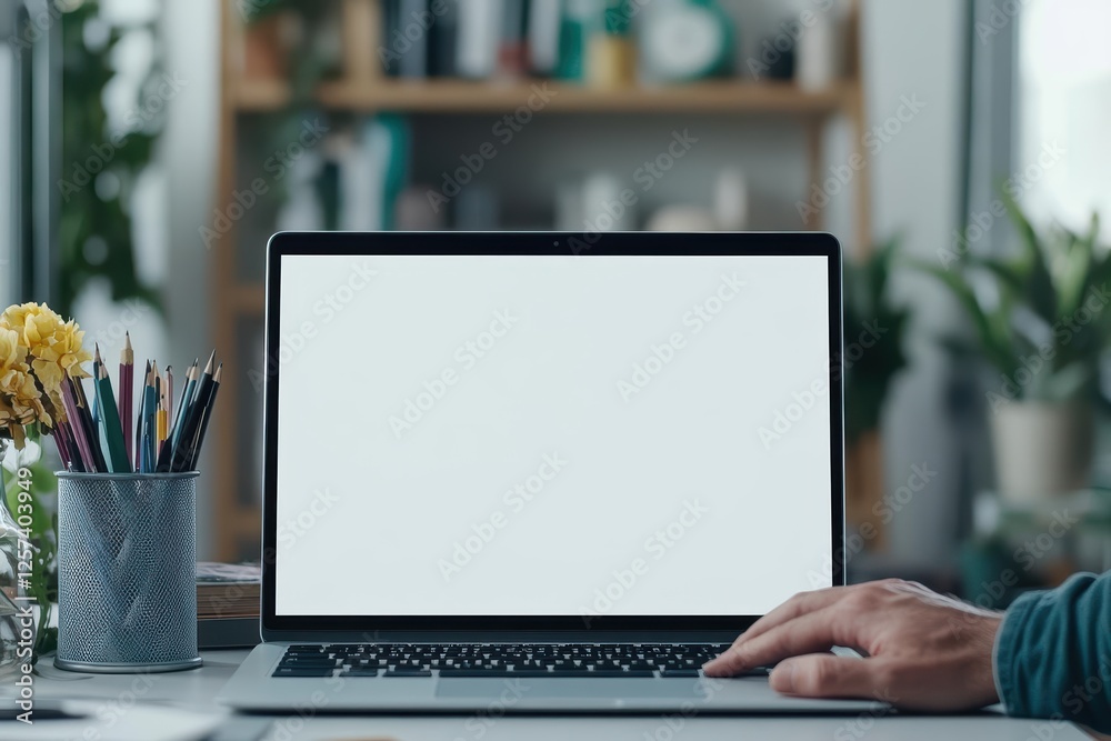 Aufkleber man working on laptop with a cup of flowers on the desk in a bright indoor space
