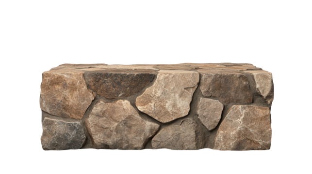 A rustic stone bench made of unevenly shaped rocks for outdoor seating. transparent background