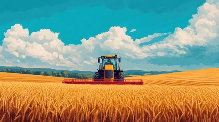 Obraz premium A vibrant scene of a tractor harvesting golden wheat under a bright blue sky with fluffy clouds, showcasing the beauty of agricultural landscapes.