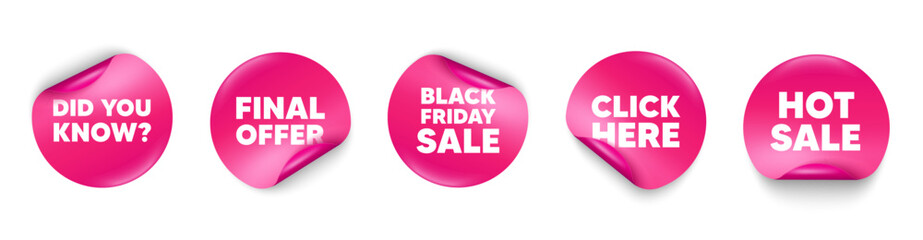 Did you know sticker tag. Click here, Black friday paper price banners. Did you know tag. Special offer question sign. Interesting facts symbol. Hot sale sticker. Promo banners. Vector