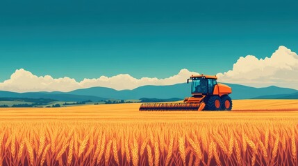 Fototapeta premium A vibrant landscape featuring a tractor harvesting wheat in a golden field under a clear blue sky with distant mountains.