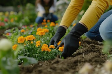 Fototapeta premium Planting Vibrant Orange Marigolds in a Garden Bed: A Relaxing Gardening Experience Outdoors