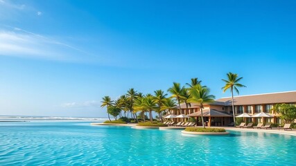 Fototapeta premium Tropical paradise beach with crystal clear swimming pools surrounded by lush coconut palms, resort, turquoise water, vacation