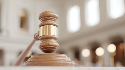 Gavel in Courtroom, Justice, Legal Proceedings, Blurred Background, Law