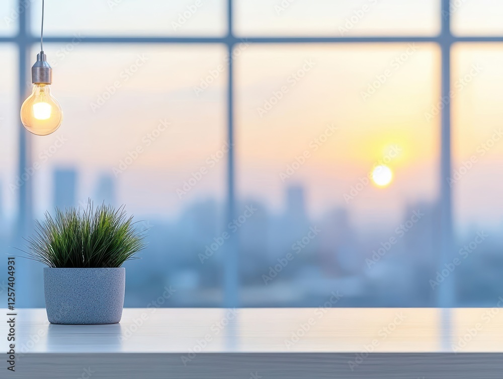 Poster potted plant on a table with sunlight coming through a window in the background