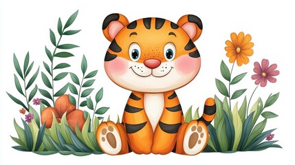 A cute cartoon tiger sits happily among colorful flowers and green foliage, exuding a cheerful and playful vibe.