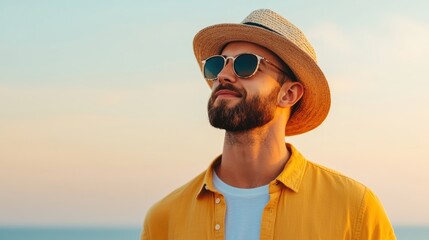 A stylish man in sunglasses and a straw hat gazes upward against a serene sunset backdrop, embodying summer vibes and relaxed living.