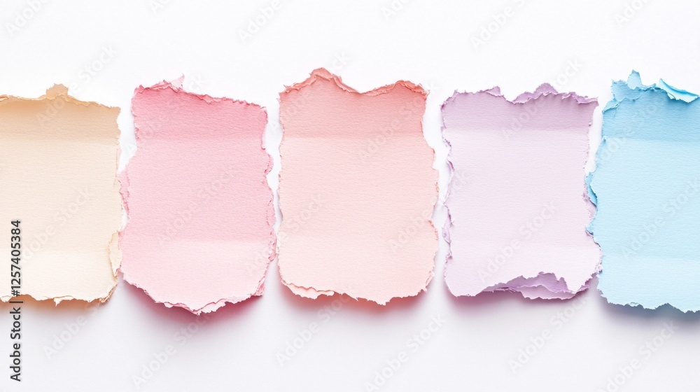 Poster layers of pastel multicoloured ripped paper create a playful and artistic display, showcasing a rang