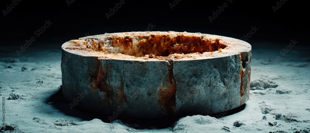 Poster Rustic Circular Stone Structure with Dripping Texture in Dark Ambiance