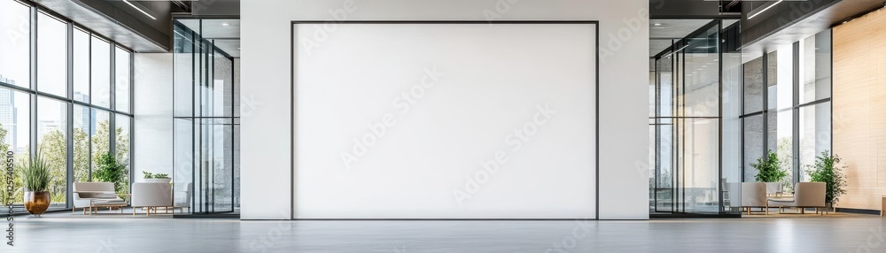 Aufkleber large white blank poster displayed on a wall in a modern office setting for presentations or announc