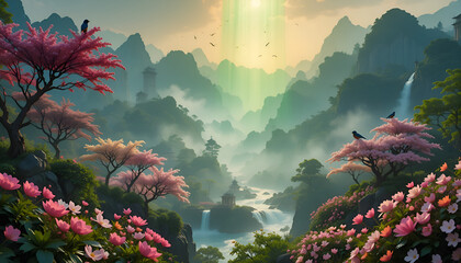 misty mountain scenery surrounded by colorful flowers. Ai generated image