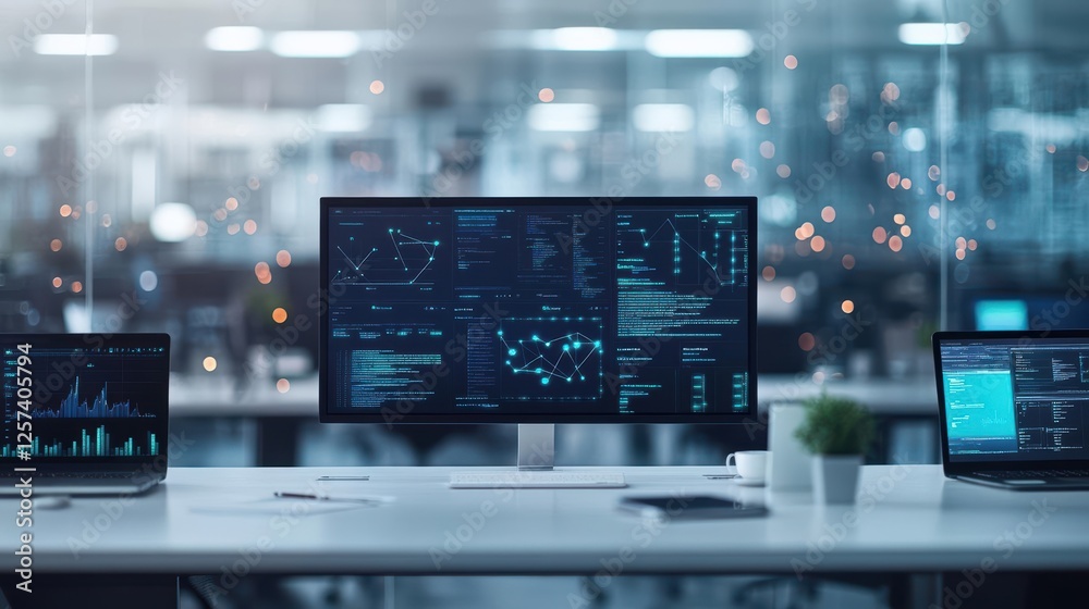 Leinwandbilder Three computer monitors displaying various graphs and data analysis on a modern desk setup