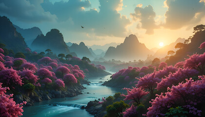 sunrise view with mountains and red trees. Ai generated image