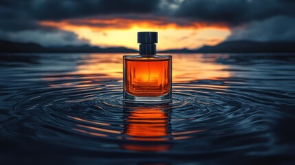 Amber perfume bottle on rippled lake water at sunset