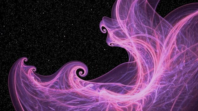 Abstract video art with swirling pink and purple fractals against a starry backdrop, captured from a dynamic, low-angle perspective.