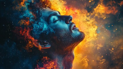 Man engulfed in fiery and icy cosmic dust