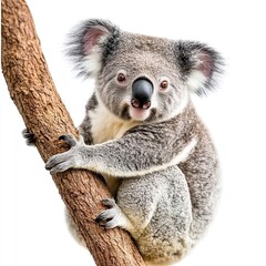 Obraz premium Adorable Koala Bear on Tree Branch Wildlife Photography Australian Animal Portrait Cute Fluffy Grey Fur Closeup Image White Background Fauna Sweet 